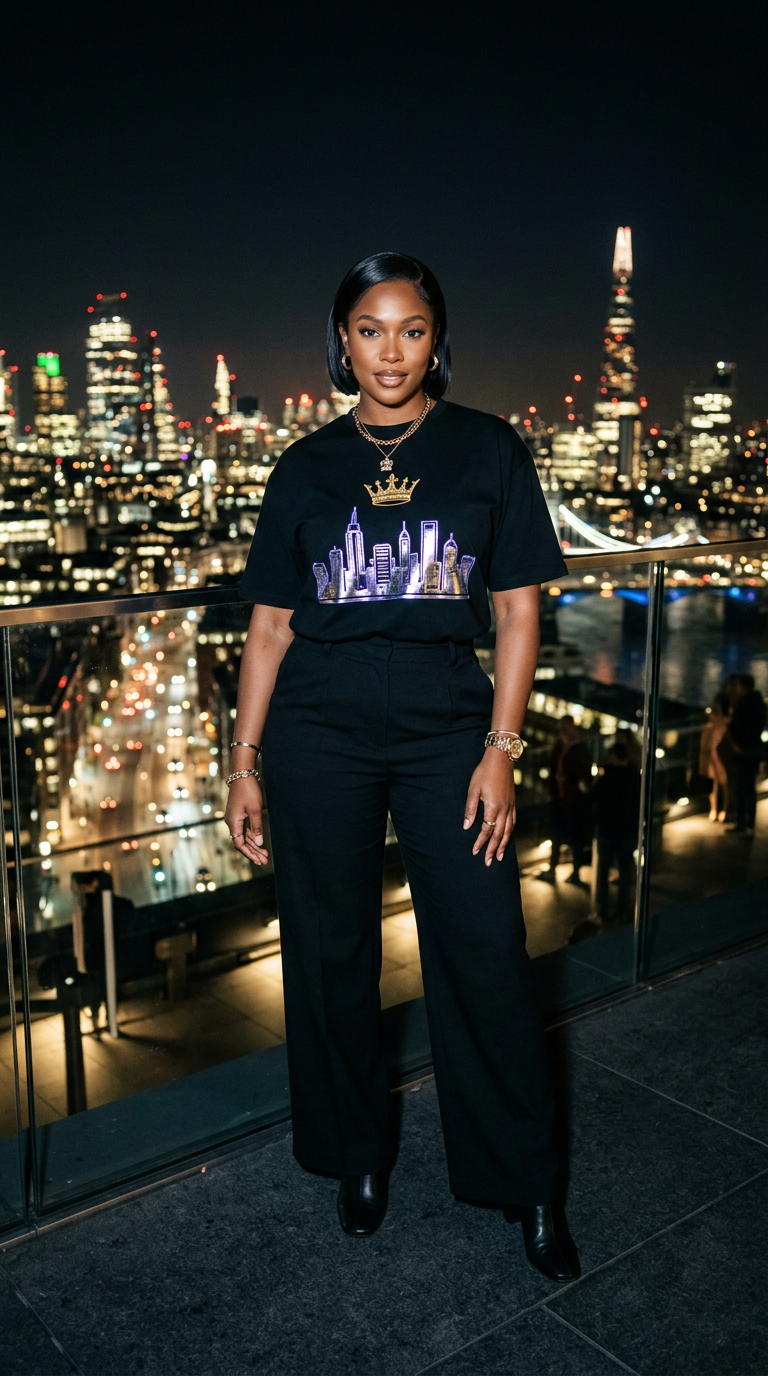 Midnight Crown 2026 — Woman in Chrome Skyline Tee (Night Rooftop) - Frame